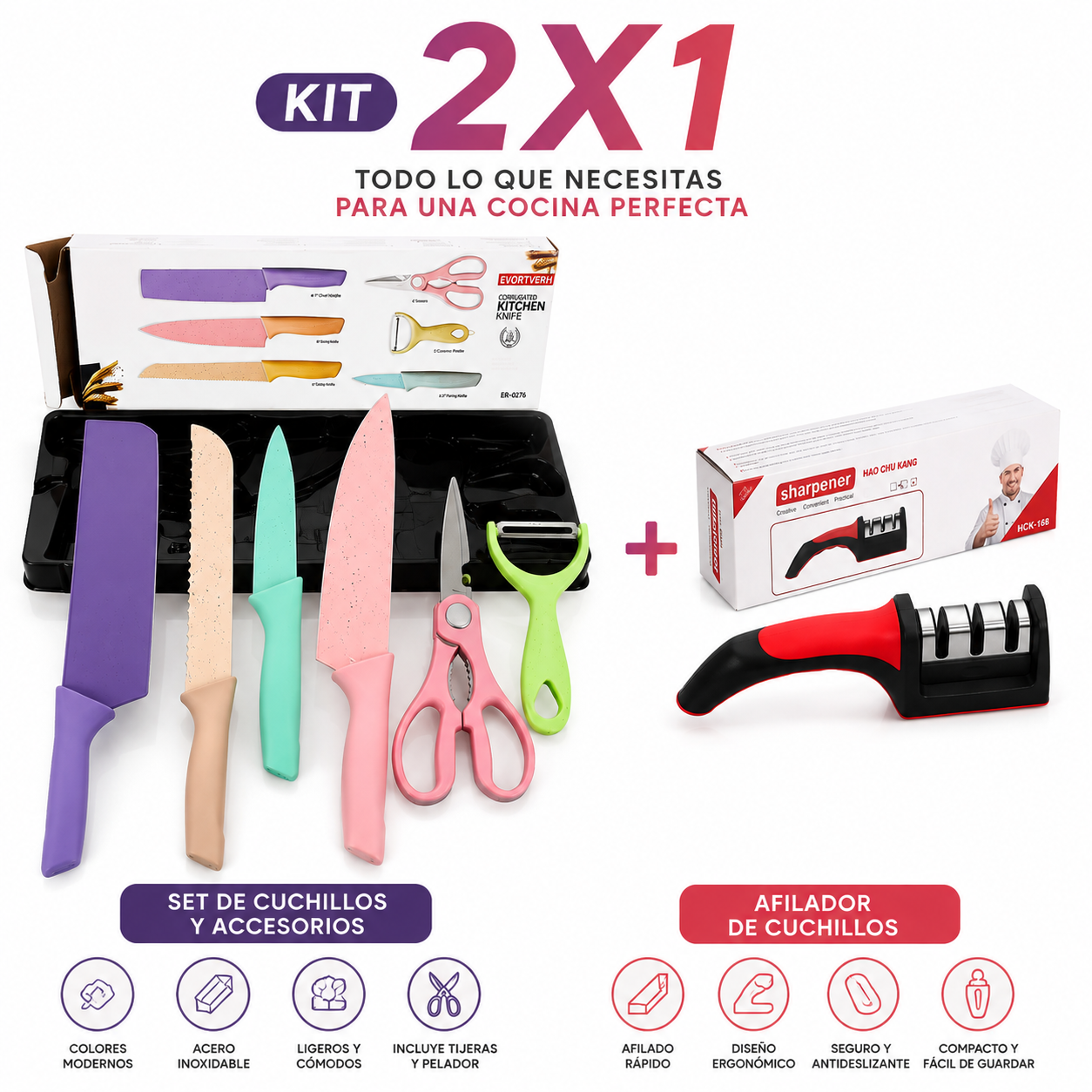 ChefColors Pro – Kit de Cuchillos de colores + Moderno Afilador Gratis