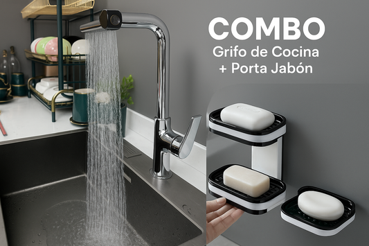 COMBO GRIFO GIRATORIO 360 Y JABONERA TRIPLE