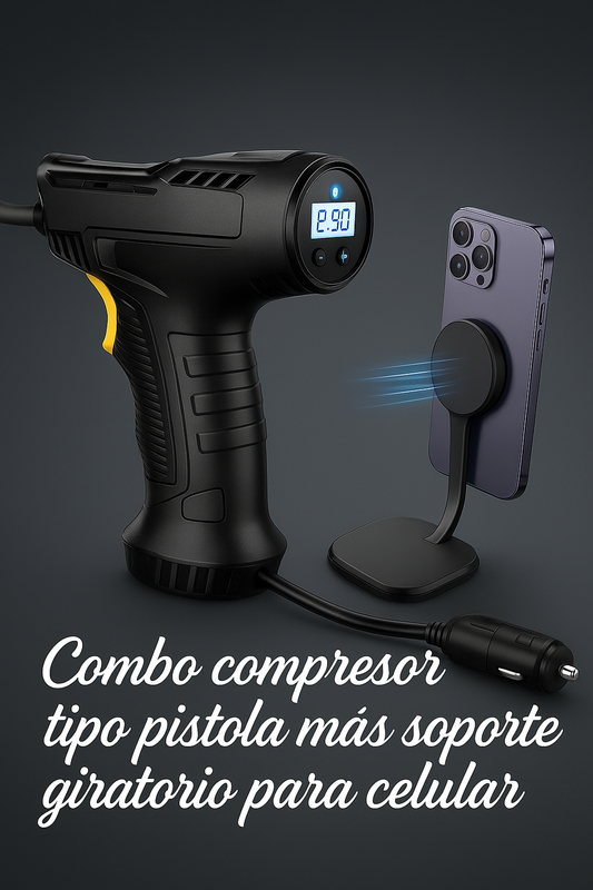COMPRESOR TIPO PISTOLA + SOPORTE PARA CELULAR 360